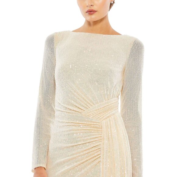 NWT Mac Duggal Sequined Ruched Long Sleeve Boat Neck Gown Pearl 10 #A0193 - Picture 5 of 11